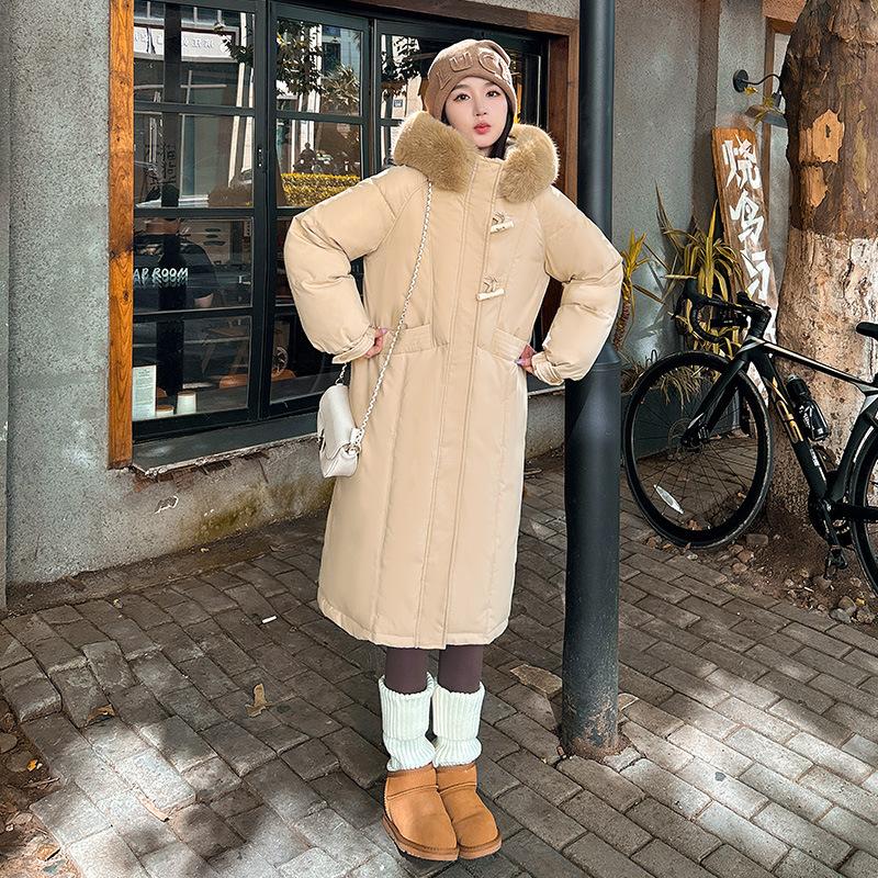 

Winter knee jacket medium and long new down cotton clothes women s thickened large fur collar fashion horn buckle XL хаки
