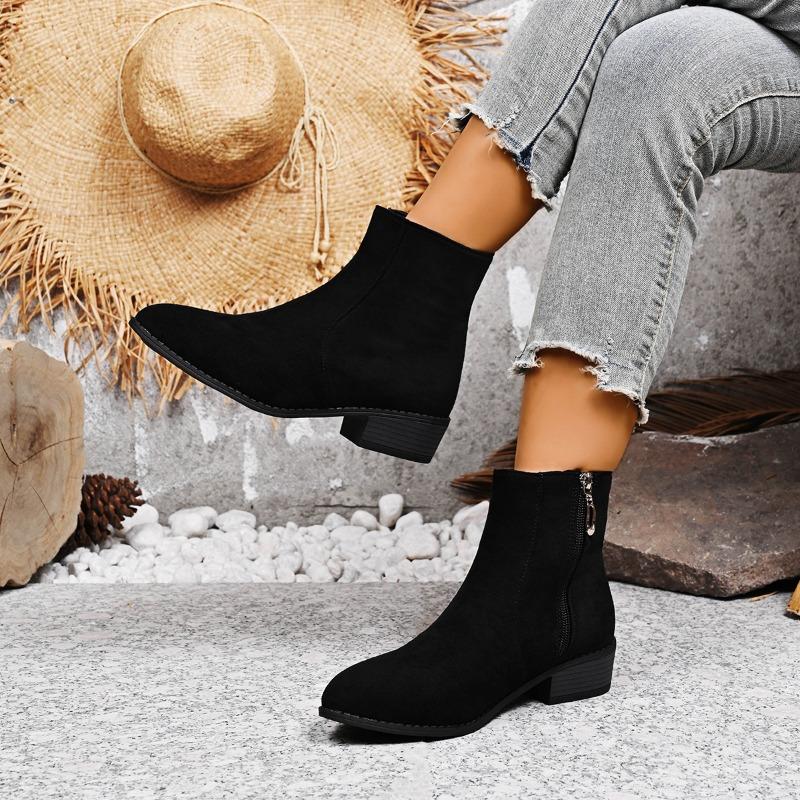 Foreign Trade New Pointed Short Tube Side Zipper Martin Boots Women's Cross-border Large Size Fashion Medium Heel Thin Bare Boots