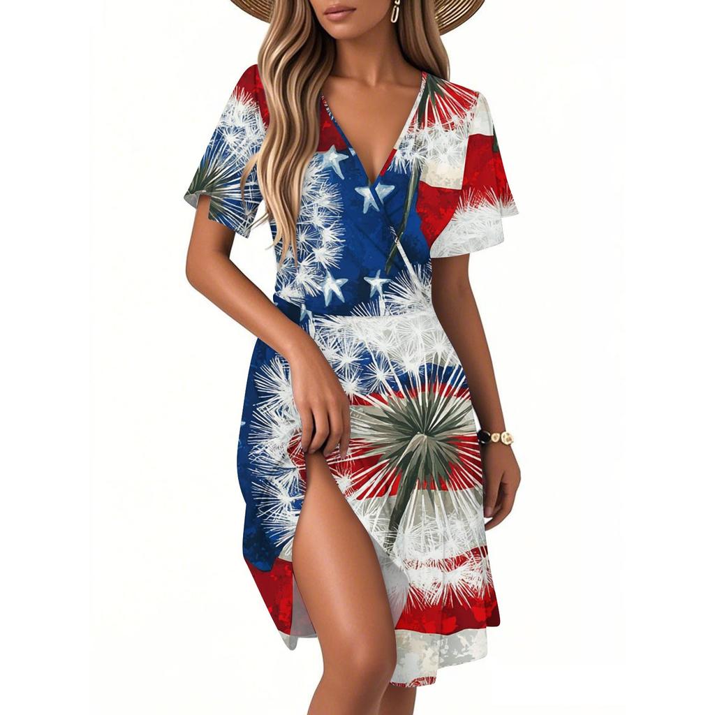 Dámské ležérní módní šaty Vintage květinové květinové šaty s krátkým rukávem a výstřihem do V