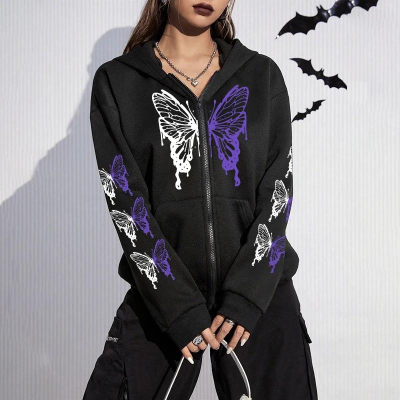 All Season Female Urban Casual Fashion Y2K Coats Arrival Women's Hoodie High Grade Butterfly Printed Zip-up Sweatshirts