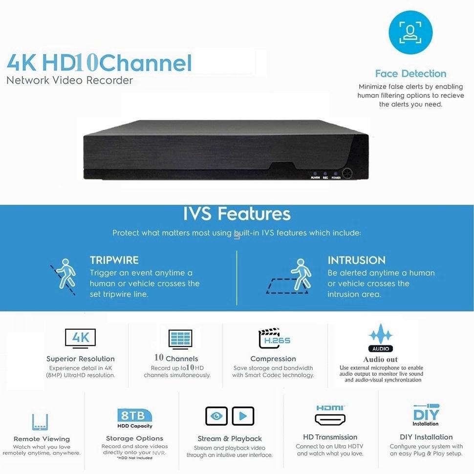 XM 8MP H.265 CCTV NVR 10CH For 2MP 5MP 4K IP Camera Support Human Face Detection Video DVR Recorder Security System XMEYE