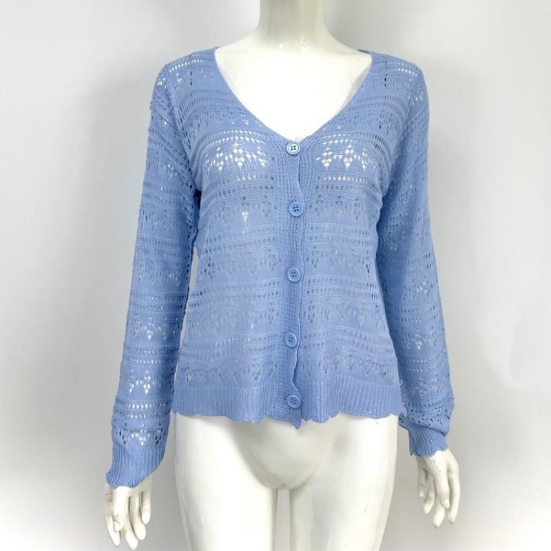 Lightweight Crochet Knit Cardigan With Buttons Sheer Mesh Cover-Up Beach Casual Wear