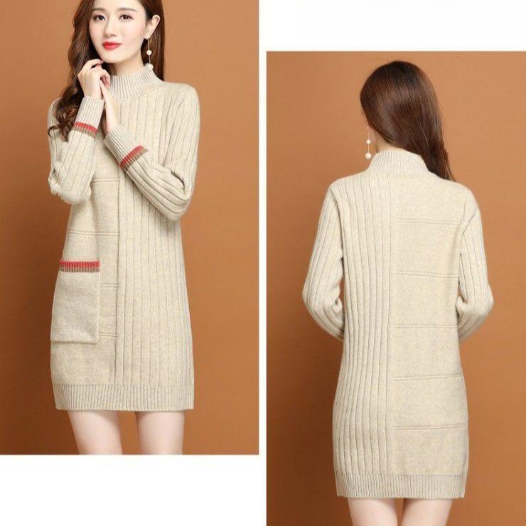 Half Turtleneck Solid-color Knitted Sweater for Women Thickened Sweater Loose Mid-length Pullover Autumn and Winter