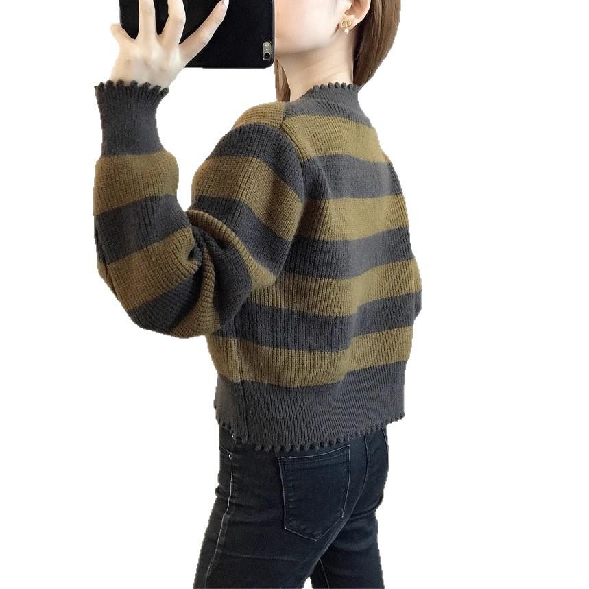 European Station autumn and winter new versatile lazy crew neck knitted sweater retro style long sleeve striped contrasting color pullover sweater