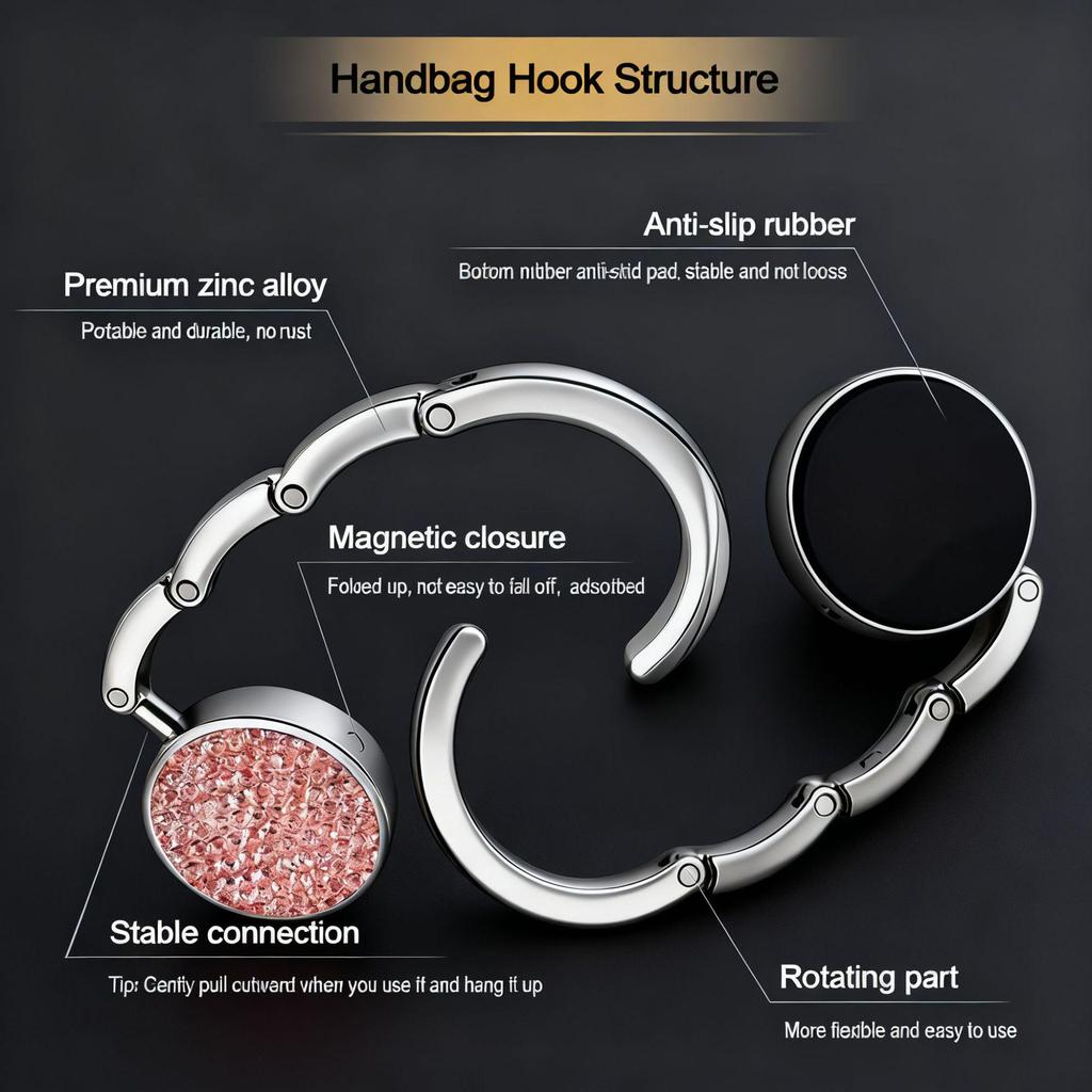 Round Rhinestone Folding Handbag Hook - Elegant Metal Purse Hanger