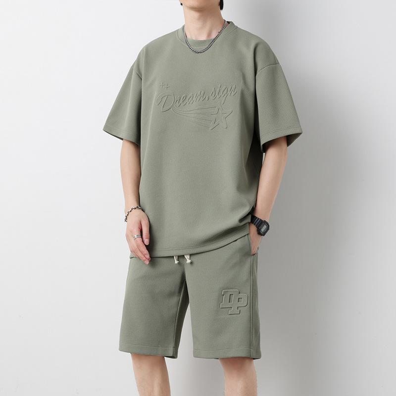 Souprava šortek s kulatým výstřihem Volný ležérní Jednobarevný Pánské tričko s krátkým rukávem Šortky Tenké