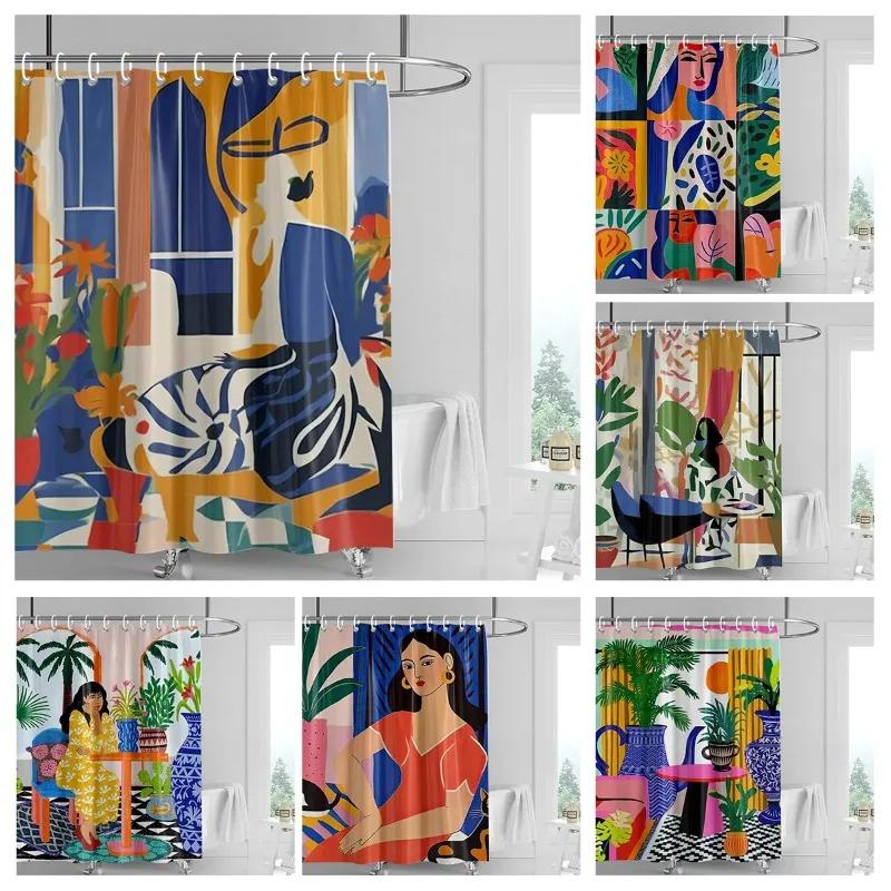 Monika Chen Nordic Simple Style Morandi Shower Curtain Abstract Plant Character Pattern Bathroom Bathtub Dual-Use Shower Curtain
