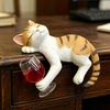 Cute Drinking Cat Figurine Kitten Holding Wine Glass Statue Resin Lying Kitty Ornament for Garden Planter Balcony Indoor Outdoor Shelf Decor