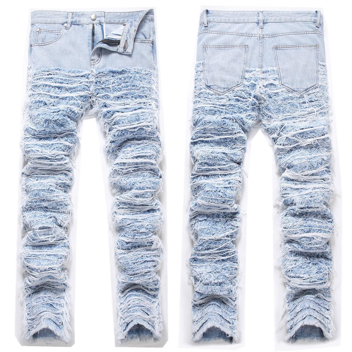 

Connector Trendy Heavy Industry Stacked Loose Pants With Tassel Embroidery Cut And Frayed Fur Loose Mouth Pants Legs Jeans For Men 32 світло-синій колір