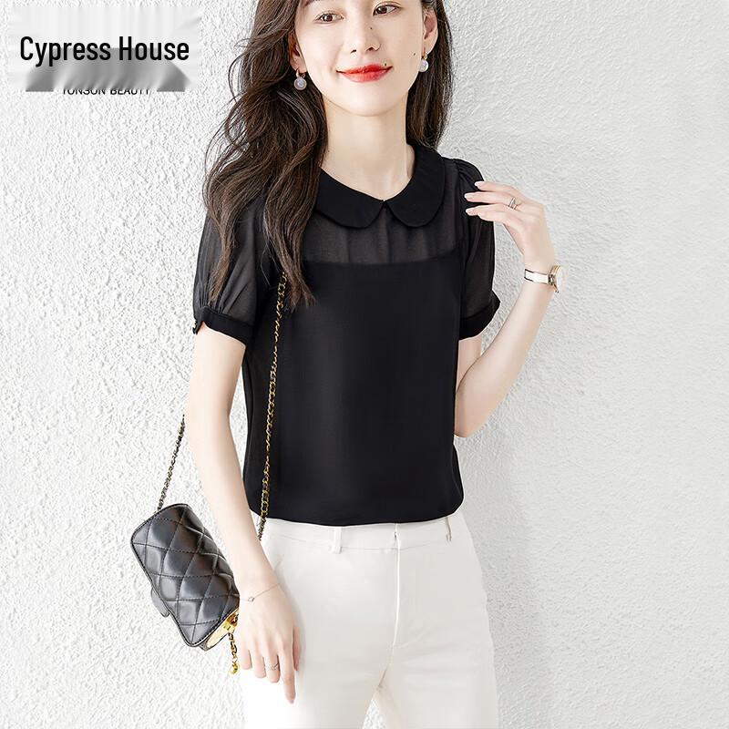 Women s Doll Collar Pleated Splicing Short Sleeve Blouse XL