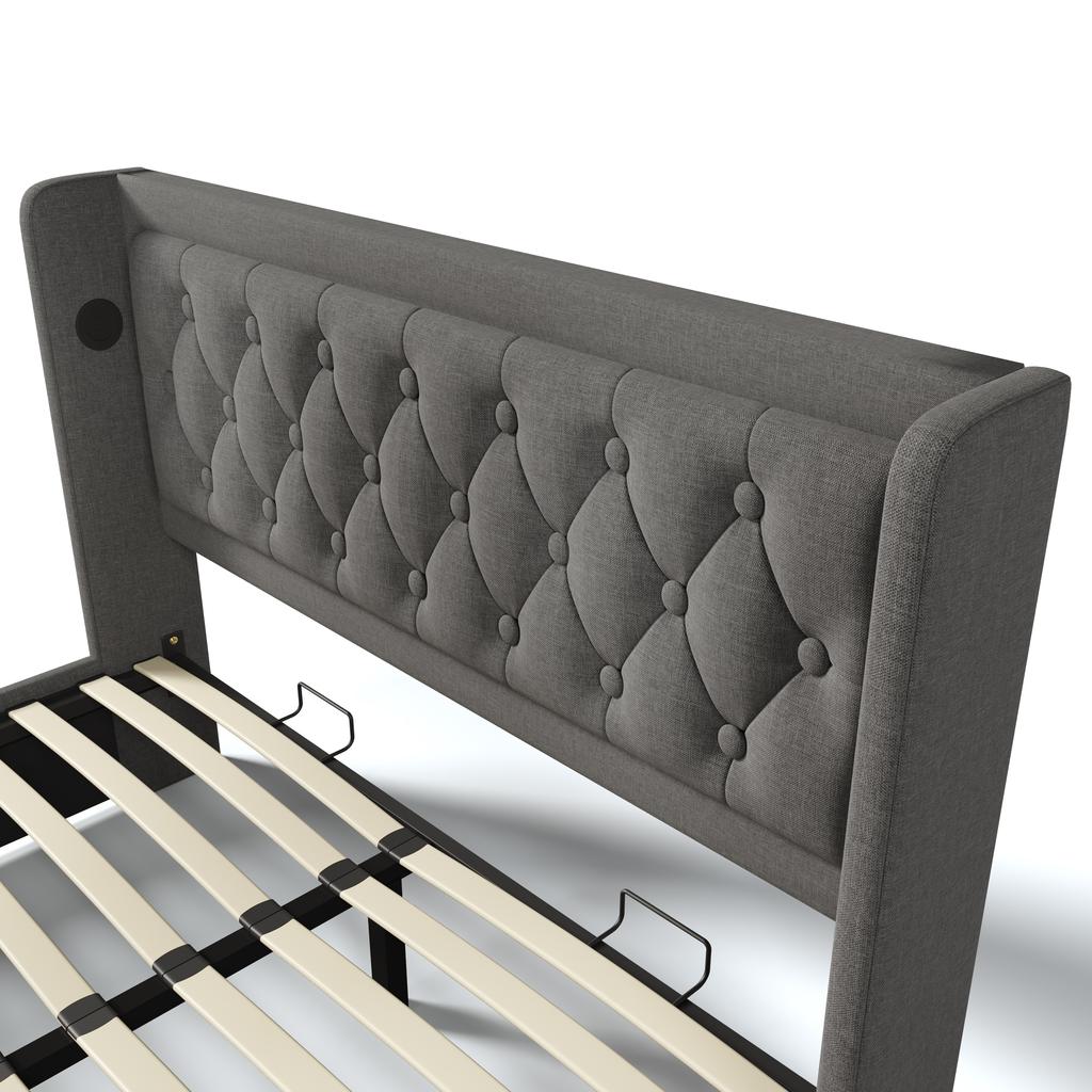 Upholstered double bed 160*200 cm, grey cotton hydraulic storage bed, headboard with USB Type-C charging, 3-sided LED (mattress not included)
