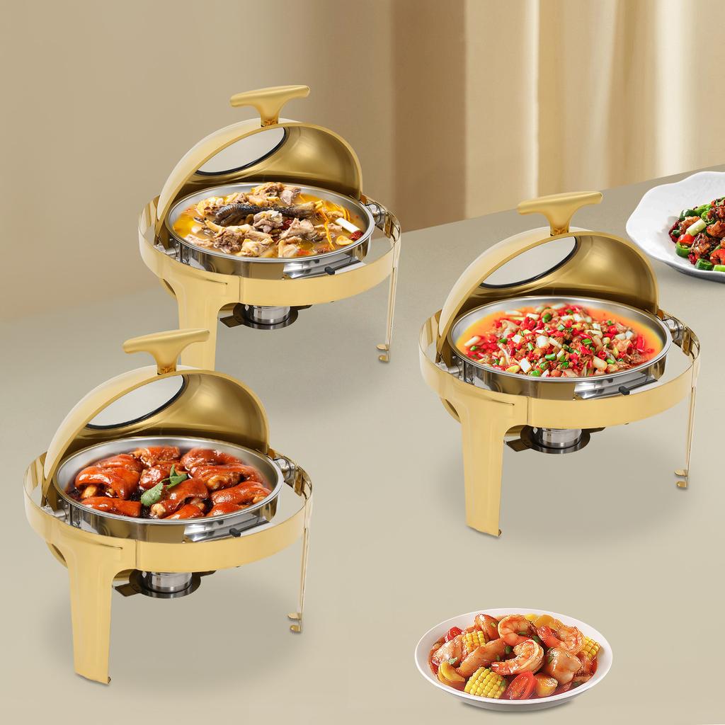 2/3 Items Stainless Steel Chafing Dish Buffet Set, Gold Round Chafer Countertop 47*47*45cm for Catering