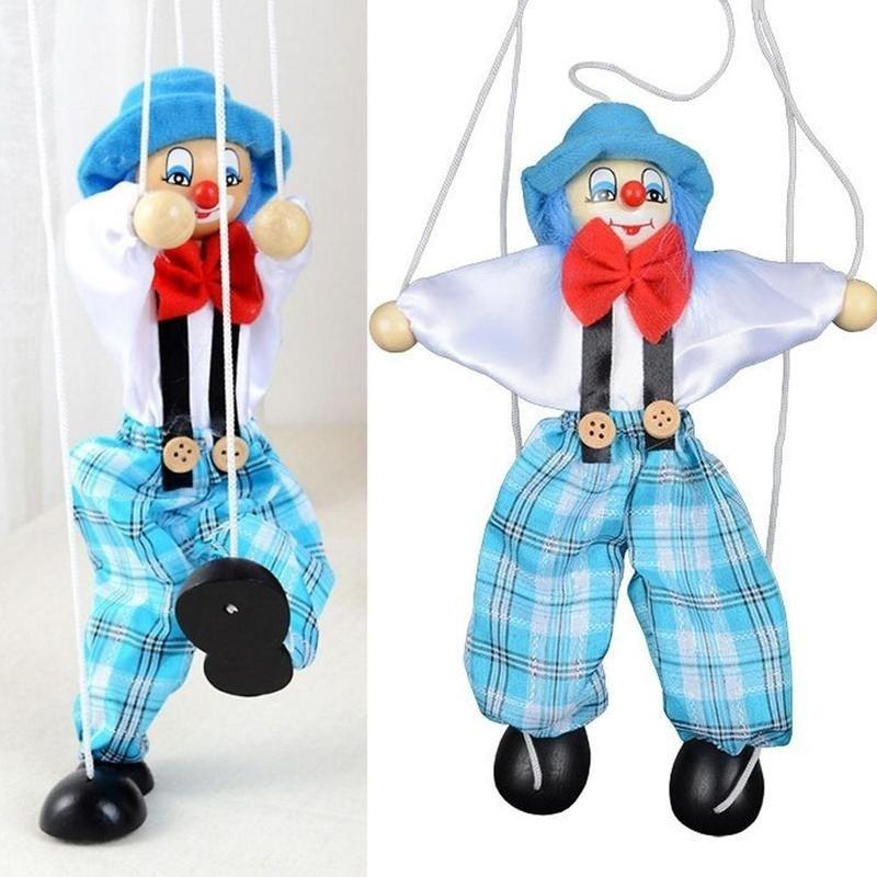 Pull String Puppet Clown Wooden Marionette Joint Activity Doll Vintage Child Toy