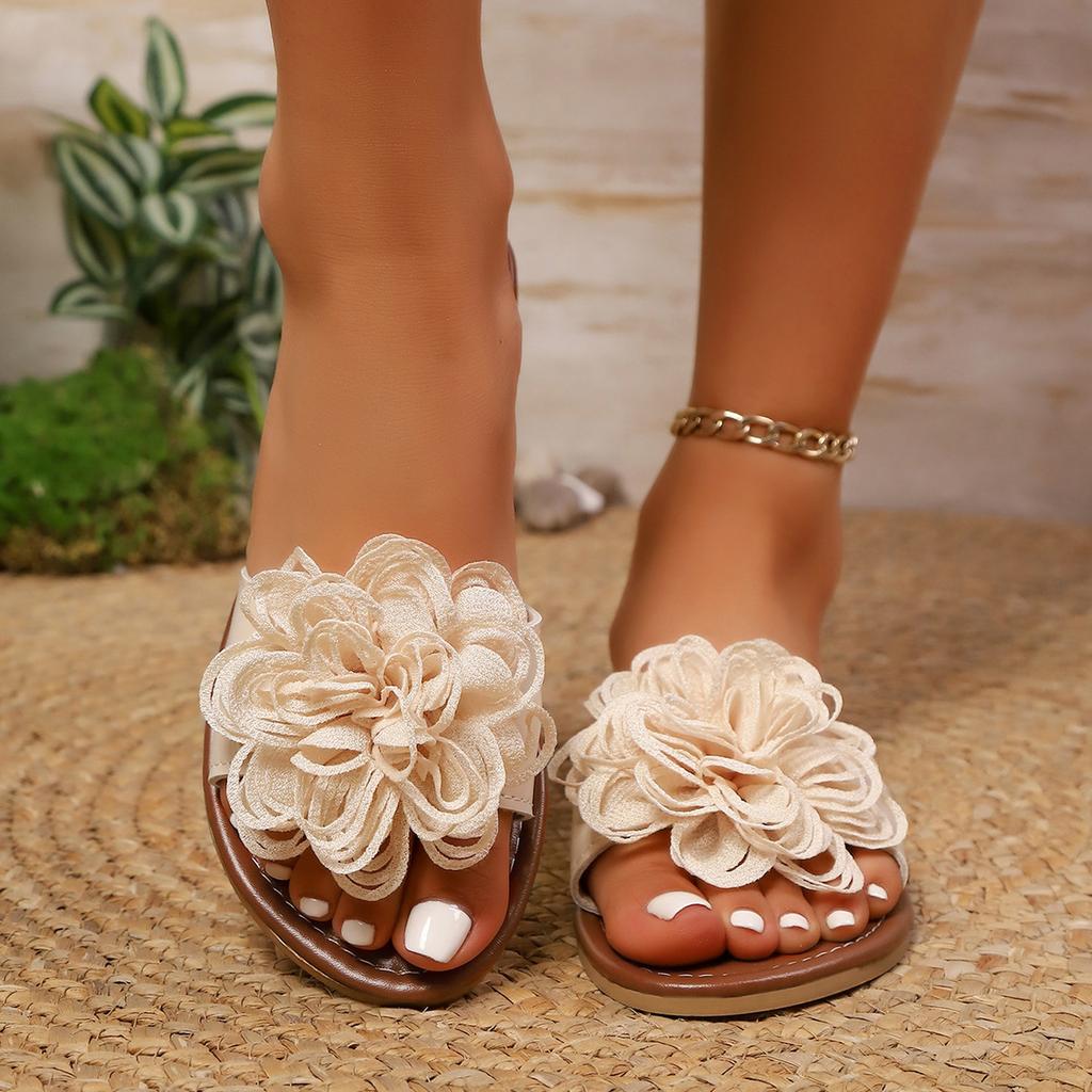 Women's Round Toe Flower Flat Sandals, Soft Slides Open-Toe Summer Slippers