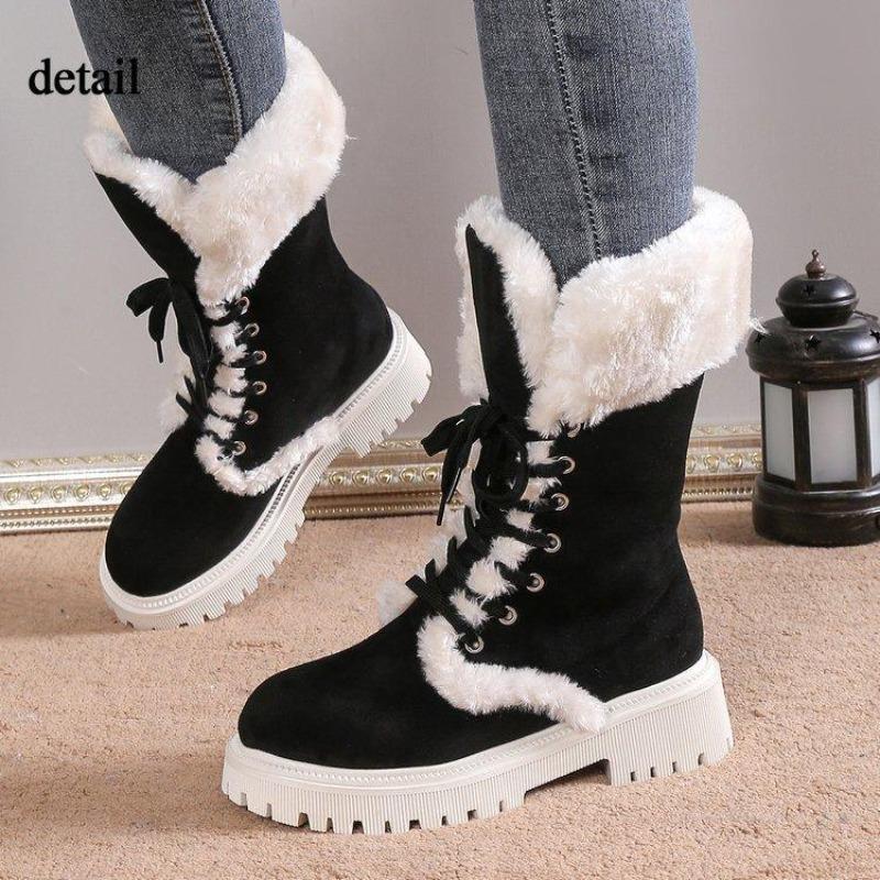 Damen Warme Faux Fur Fleece Gefütterte Faux Wildleder Klobiger Absatz Plateau Schlupfstiefel Schnürung Runde Zehenpartie Mid-Calf Winter Schneestiefel