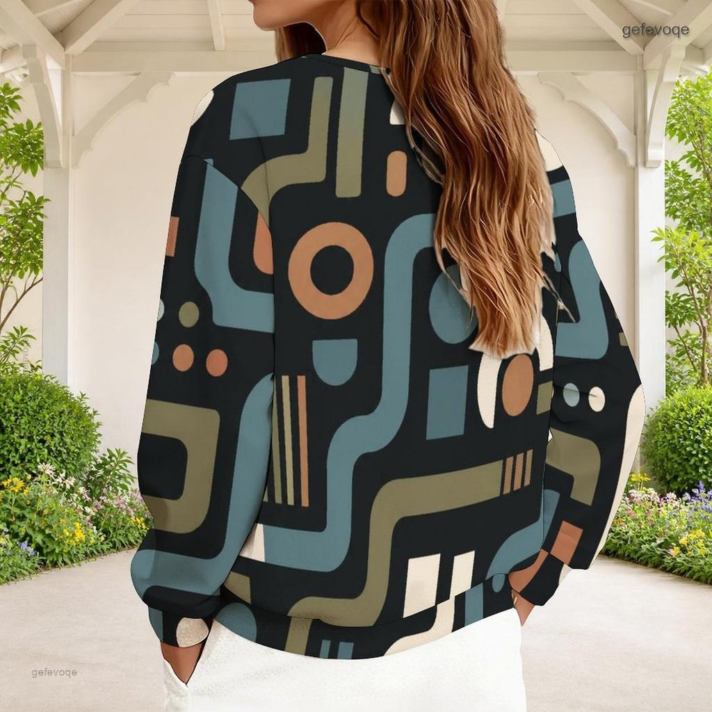 Women Plus Size V Neck Front Zip Sweatshirt Long Sleeve Ribbed Cuffs Geometric Printed Blue White