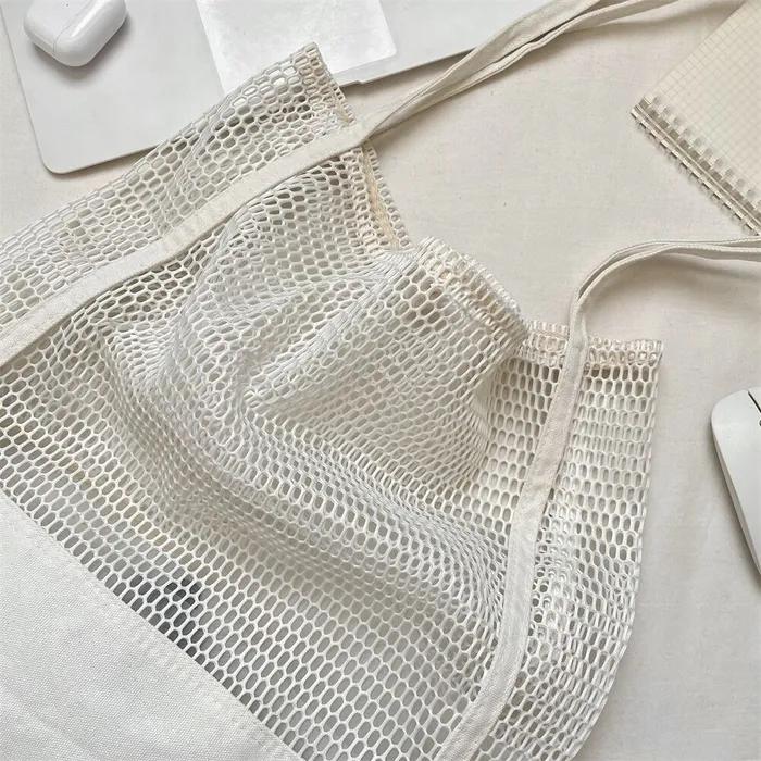 Aesthetic Linen Cotton Semi-Mesh Shoulder Bag Summer Net Bag Eco Bag