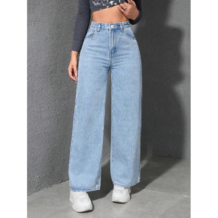 Jeans Women Vintage Wide Leg Pants Denims High Waist Washed Distressed Basics Straight Trousers Streetwear Floor Length