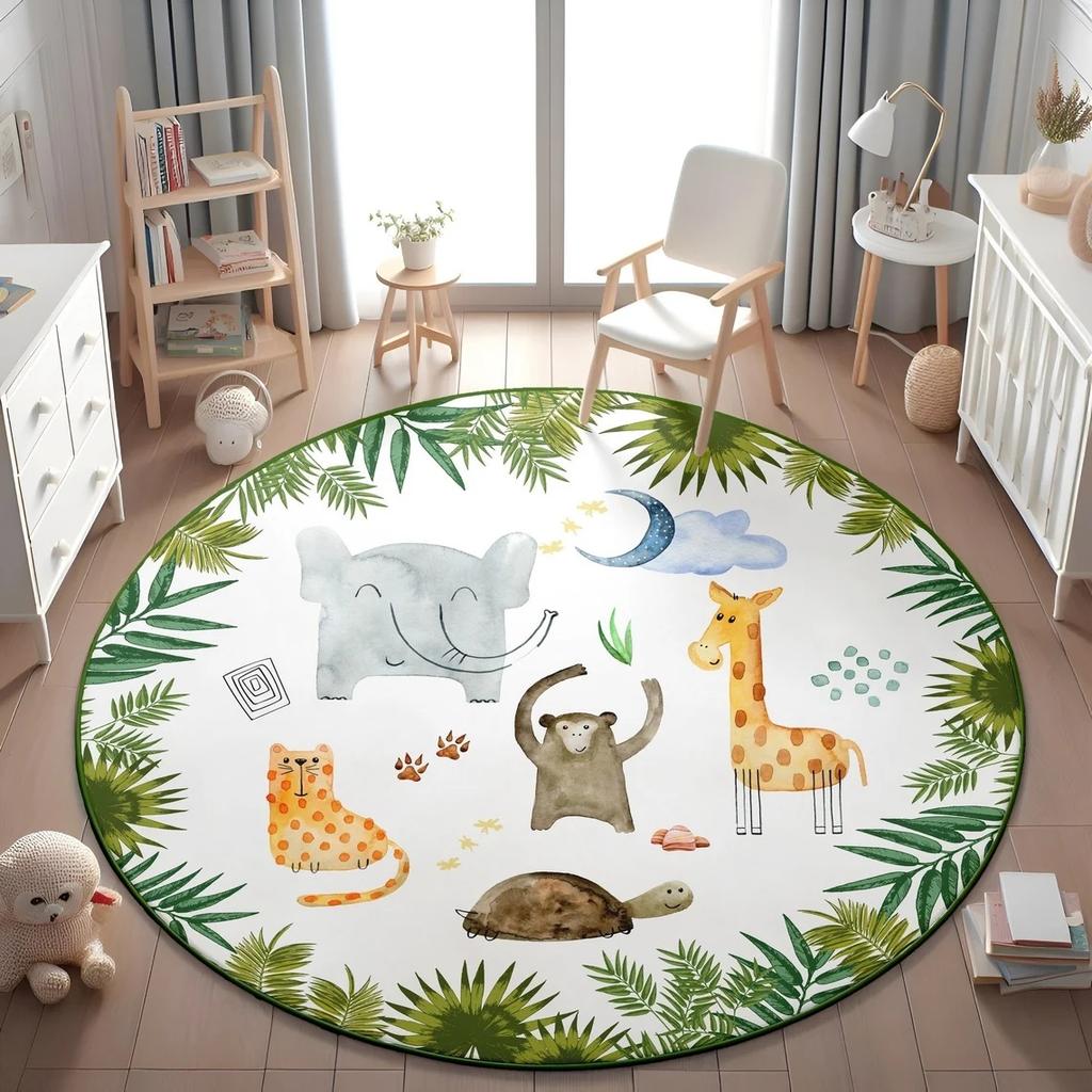 Learning Animal Playmat Giraffe Lion Baby Kids Playroom Mat World Map NonSlip Mat Safari Round Rug Kid's Animals Printed Rug