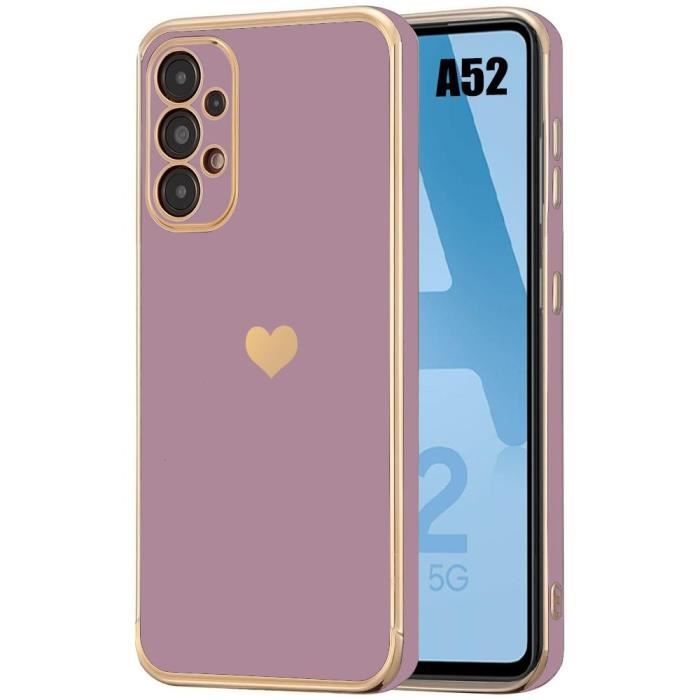 Coque - Samsung - Galaxy A52s 5G - Violet - Motif Cœur - Finitions Dorées