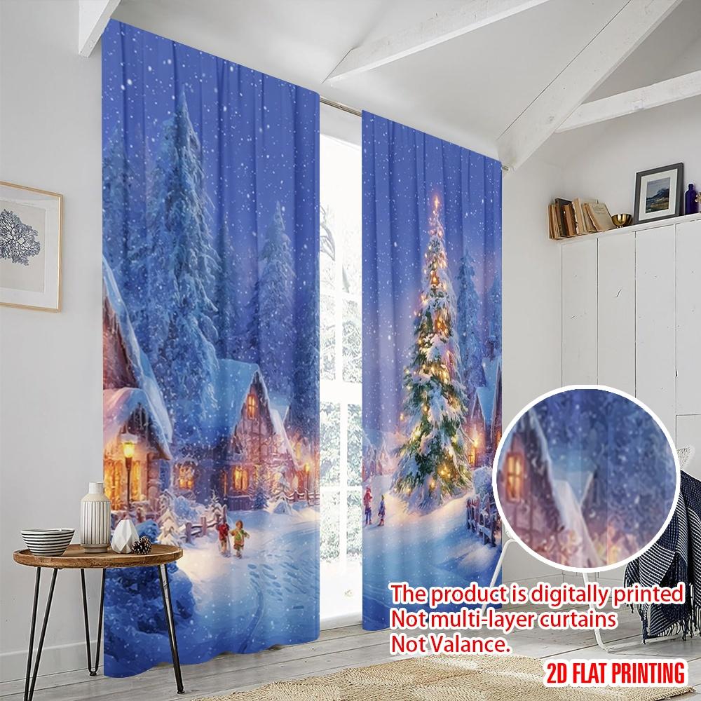 2Pcs,2D Plane Printing Pattern Curtains Christmas Tree Snow Scenery Versatile 100% Polyester (Without Rod) Versatile All Ldeal