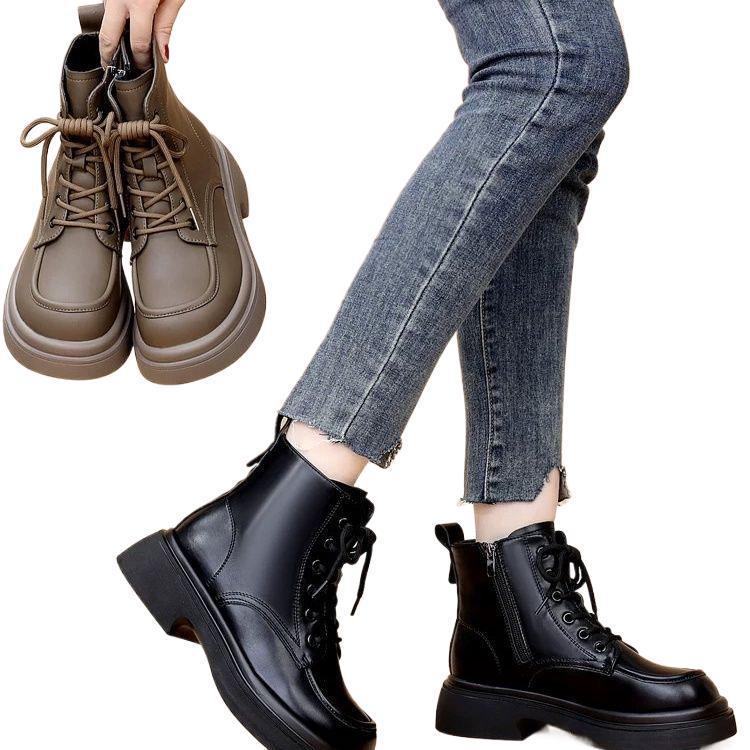 Women's Autumn/Winter Soft Leather Martin Boots, British Style, Mid Heel, Plus Cotton, Thick Sole, Versatile Ankle Boots