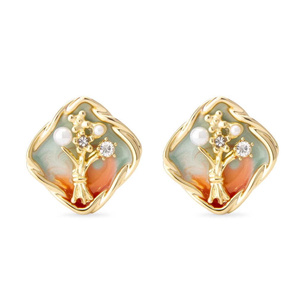 Cloisonne Women's Earrings Enamel Earrings For Women Pearl Flower Piercing Vintage Green Jewellery Woman Gifts Chinese Ethnic