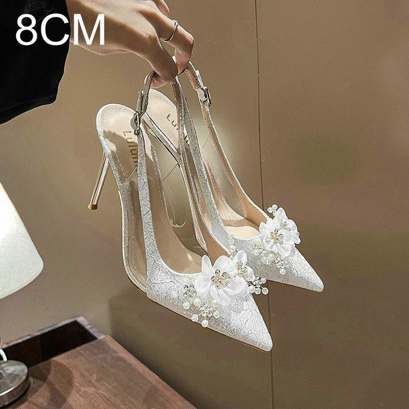 Fashion 2024 New White Wedding Shoes European And American Bride Shoes High-Heeled Women With Pointed Single-Shoe Women