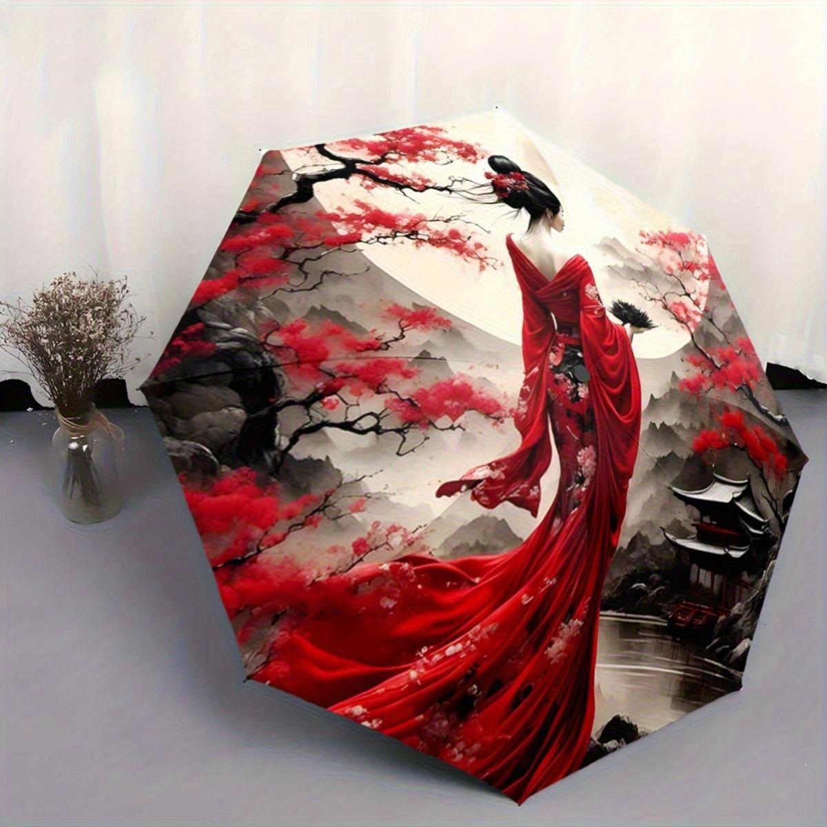 An Automatic Open/Close Umbrella Featuring a Japanese Geisha Design - Red Kimono And Cherry Blossoms,Compact Folding Umbrella,Sturdy 8-Rib F