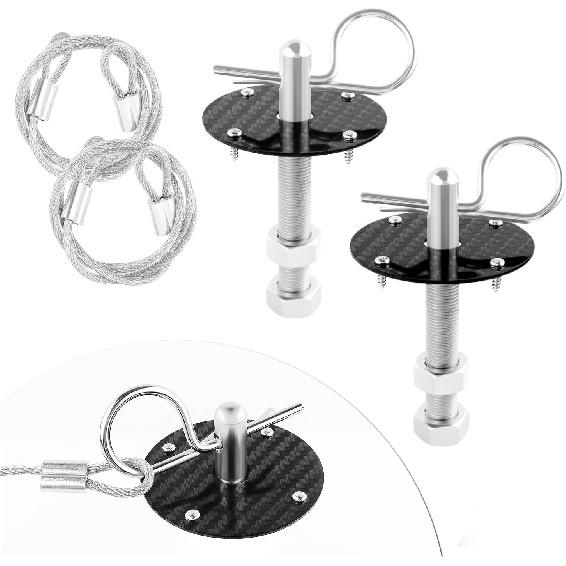 Hood Pins Kit for Car - Stainless Steel Hood Pin Lock Clip with Racing Lanyard for Fixing Car Hood Cover & Reduce Shaking - Universal Car Mods
