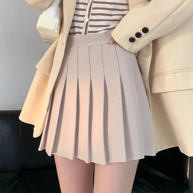 Women High Waist Wool Pleated Mini Skirt 2026 Fall Slim A-line JK School Style Anti-chafing Safety Liner Two Length Options