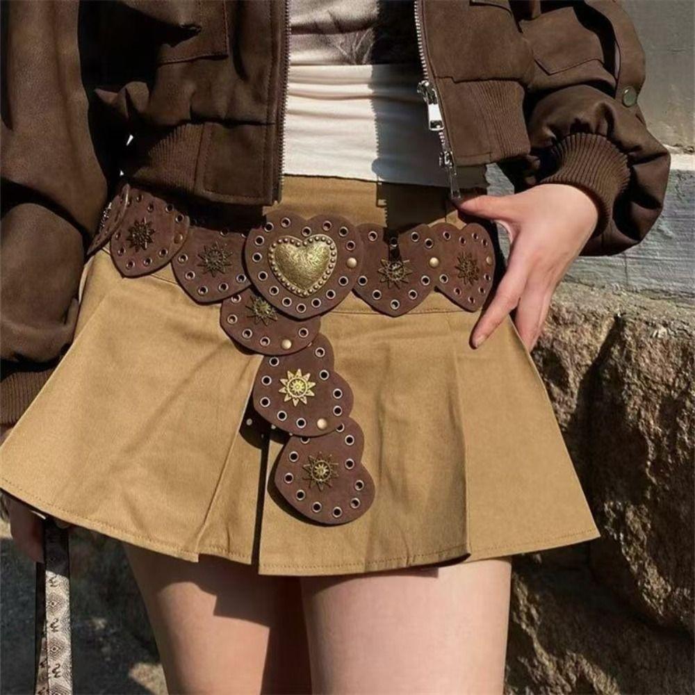 Y2K Heart Belts Metal Cowboy Waistband Punk Metal Rivet Belts  Women