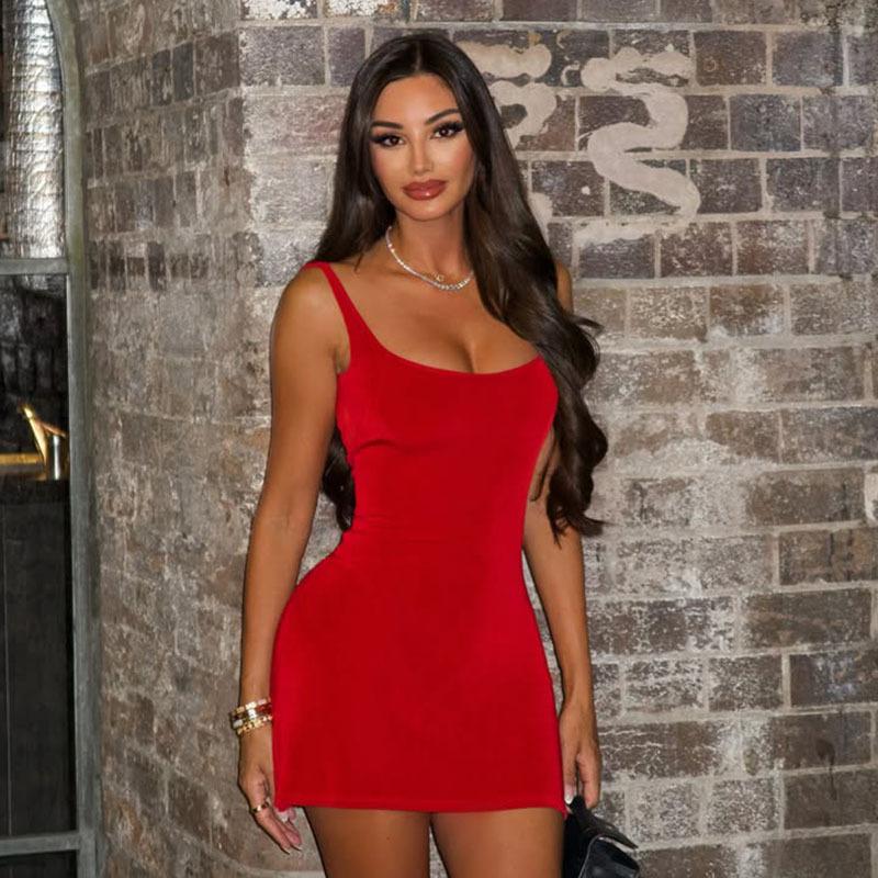 

Summer new European and American style temperament retro red sleeveless backless U-neck shy shooting hip-wrapped dress S красный