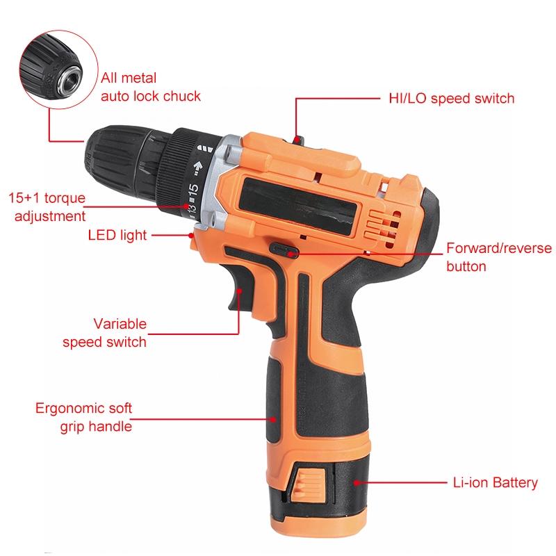 Electric Drill Dual Speed 16.8V Lithium Cordless Drill Multi-function Electric Screwdriver Power Tool 2 Li-ion Battery