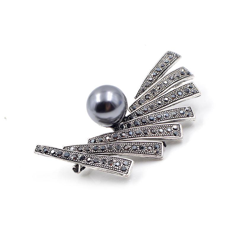 Charmant Retro Black Rhinestone Fan-shaped Brooch Pin Zhenyao Jewelry