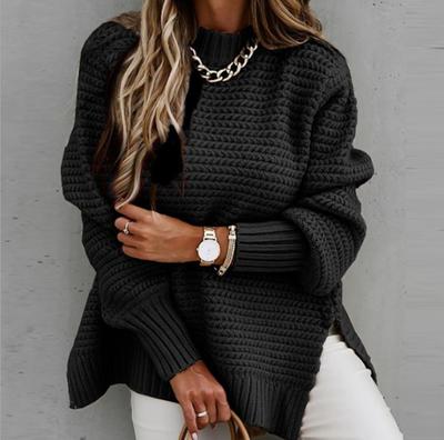 Women's Autumn and Winter Long Sleeve Loose Solid Color Knitted Sweater Half High Neck Chunky Needle Side Split Pullover Top