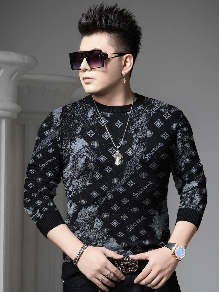European Goods 2025 Autumn and Winter New Casual Knitwear Men's Round Neck Trendy Brand Printed Knitwear Long-Sleeved Knitwear for Men
