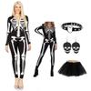 PESENAR Halloween Skeleton Costume for Women Set Adult Punk Bones Tutu Dress Hairpiece Necklace