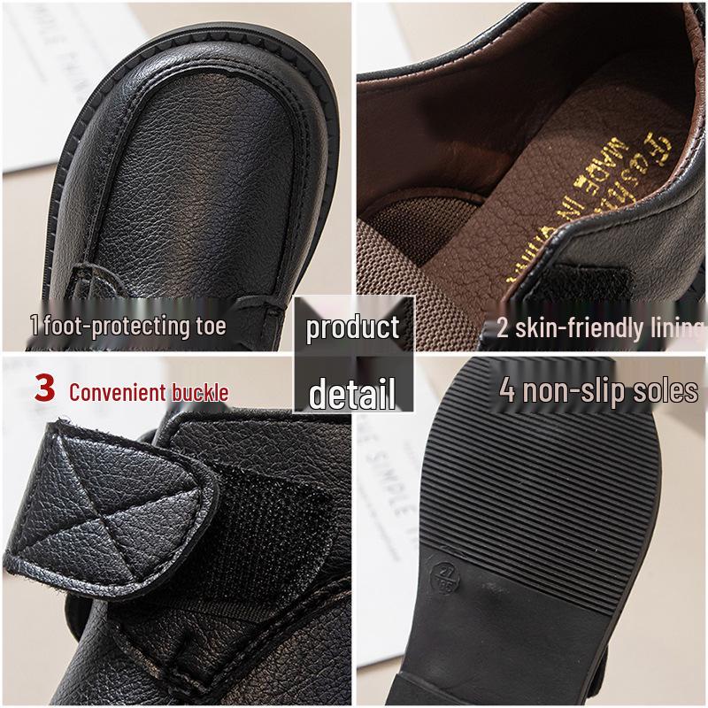 Boys' Black Leather Velcro Shoes - Soft Sole Performance Shoes for Spring/Autumn