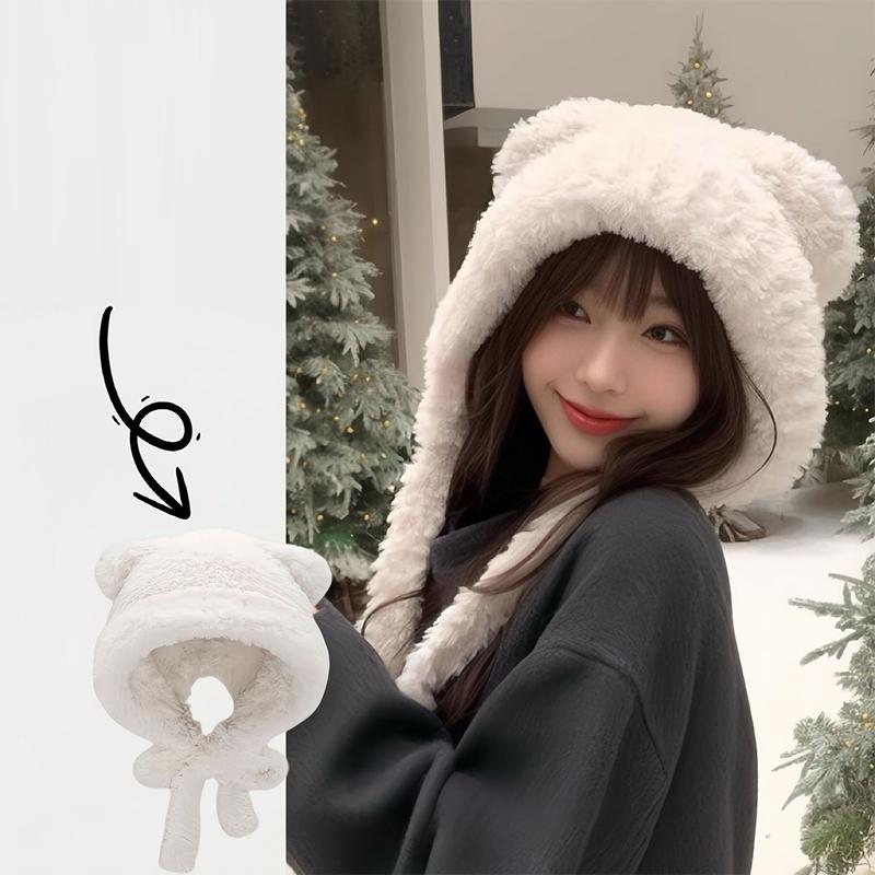 Fashion Cute Bear Ears Winter Hat Woolen Ear Protection Bucket Hat Plush Cold-Proof Cycling Cap For Women