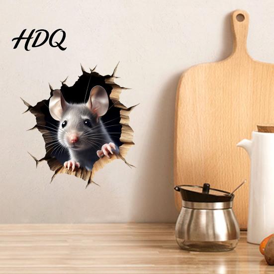 Decorazione da Parete Divertente per Ufficio in Casa Decalcomania Grigia con Topo che Sbircia Adesivo Decorativo Rimovibile Effetto Buco 3D per Bagno Vetro PVC Arte Soggiorno