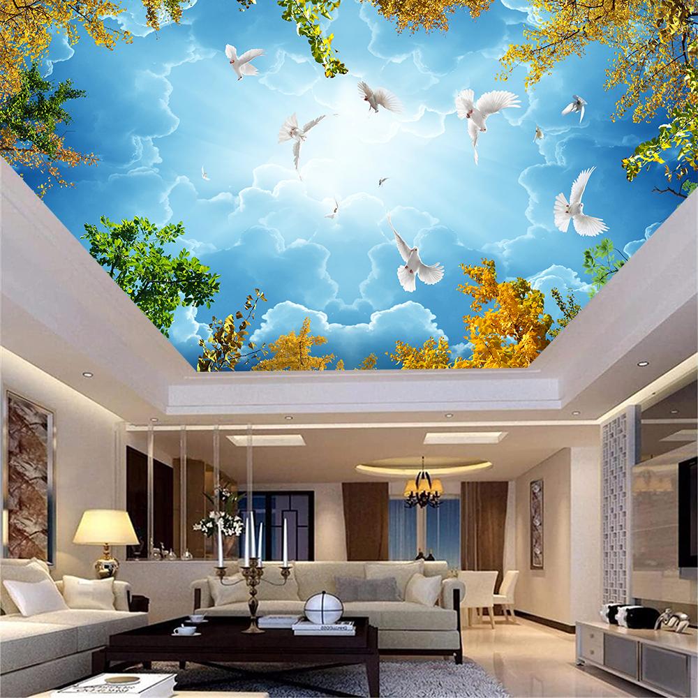 Tapet Modern 3d de Plafon Nori Albi Cer Albastru Picturi Murale Tapet Porumbel Zburător Cer Decor Acasă