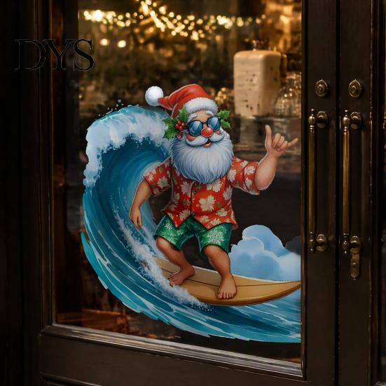 DIY Window Display Stickers Christmas Surfing Santa Claus Static Glass Sticker, Tropical Waterproof PVC Decal for Sunproof Surface Decals Home