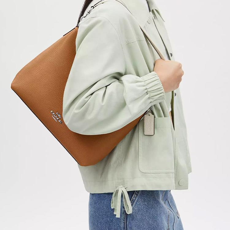 Coach Laurel 31 Logo Litchi Grain Leather Tote Crossbody Shoulder Bag Large Women Bags Silver Light-Saddle Multicolor CT850-SVMU4