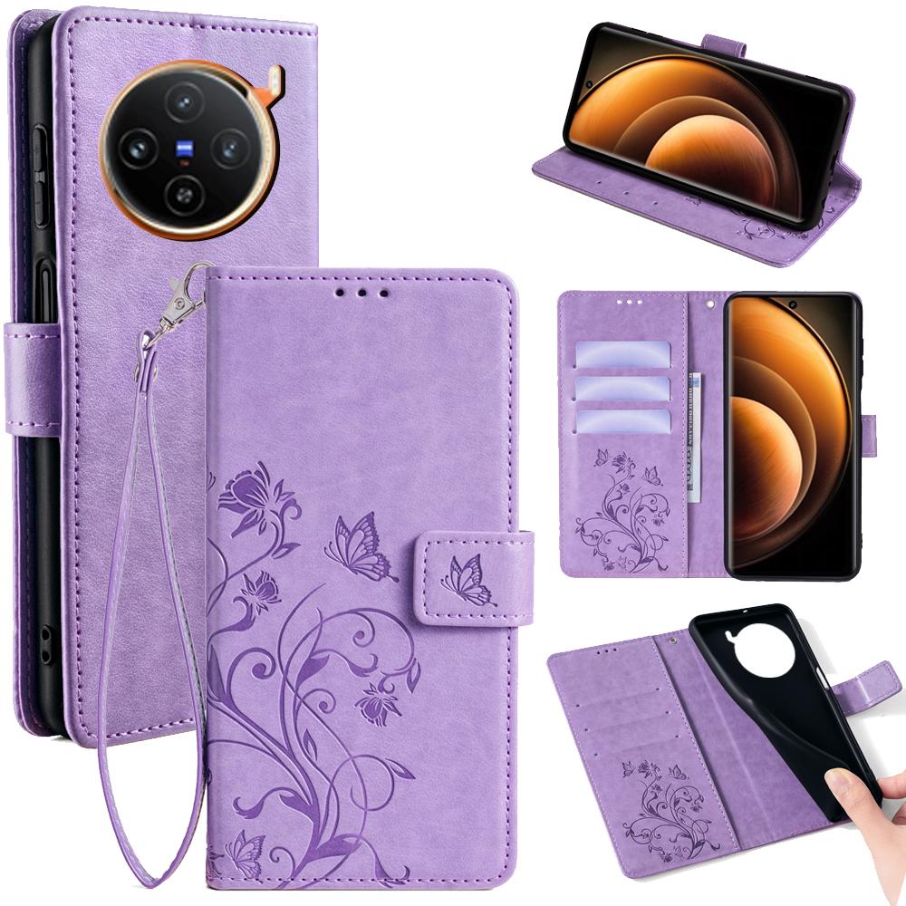 For vivo X100 5G Wallet Case Butterfly Imprinted PU Leather Wrist Strap Phone Cover