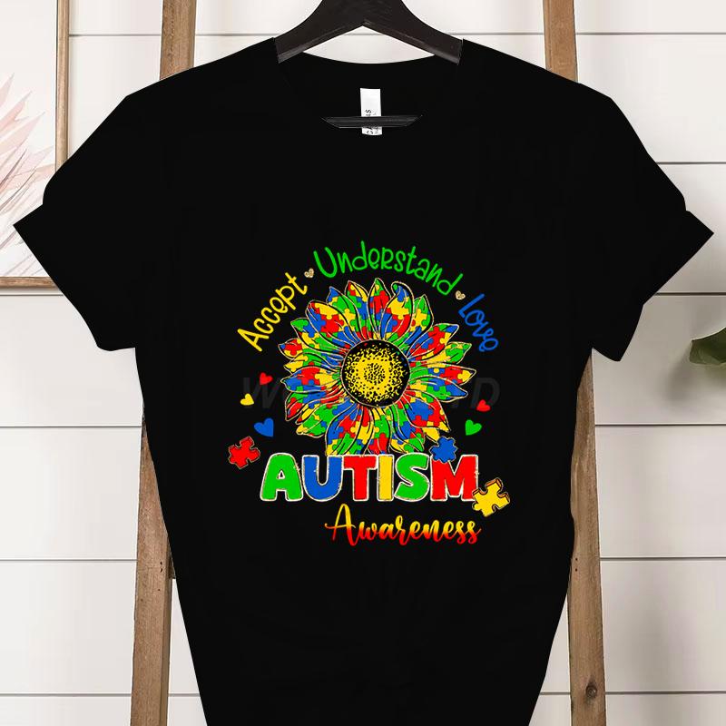 Autism Awareness Woman Tshirts Accept Understand Love Shirt Autism Teacher Gift Autism Gift for Mom Proud Short Sleeve Tshirt