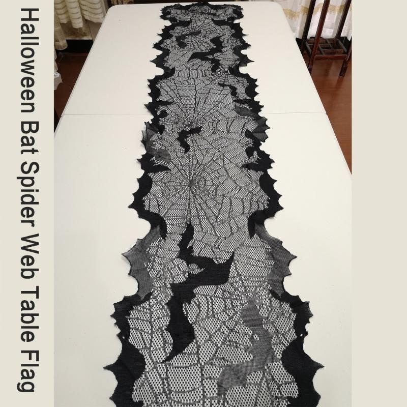 Gruselige Halloween-Dekoration 13x68 Zoll Schwarzer Tischläufer, Wasserabweisend mit Spinnennetz- und Fledermausmotiven für festliches Speisen