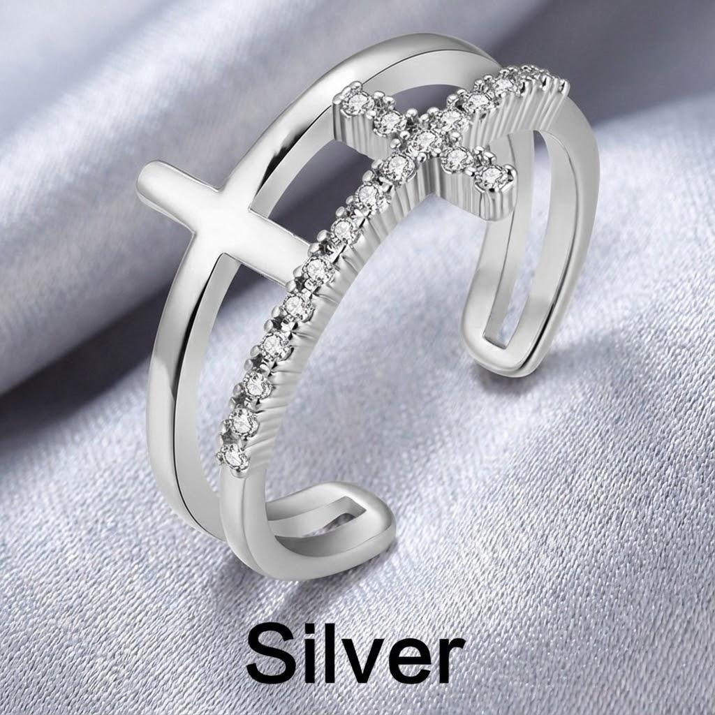 Rose Gold Cross Ring Adjustable Expandable Open Ring Women Faith Jewelry Double Cross Design Fashion Accessory
