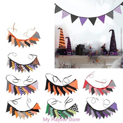 Reusable Halloween Thanksgiving Bunting Flags Cotton Fabric Pennant Triangular Banners for Seasonal Celebration Decors