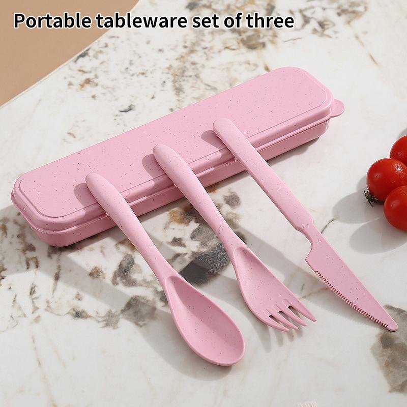 3Pcs Wheat Straw Dinnerware Set Portable Tableware Knife Fork Spoon Eco-Friendly Travel Cutlery Set Utensil Box Chopsticks Set